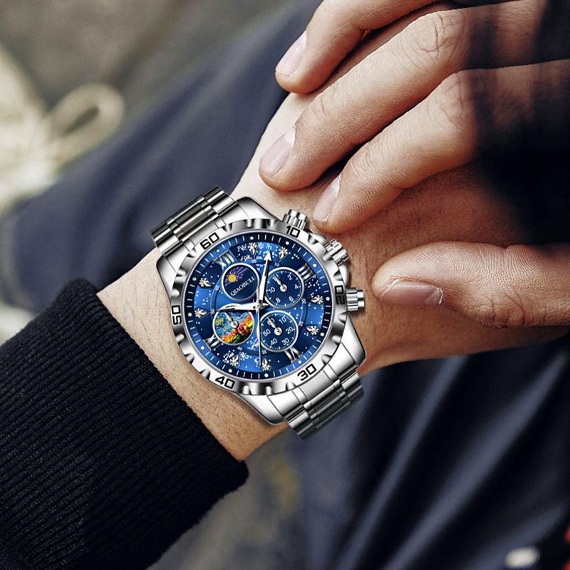 Waterproof three eyes six needle luminous dial Van Gogh portrait multi-faceted fashion popular men's quartz watch