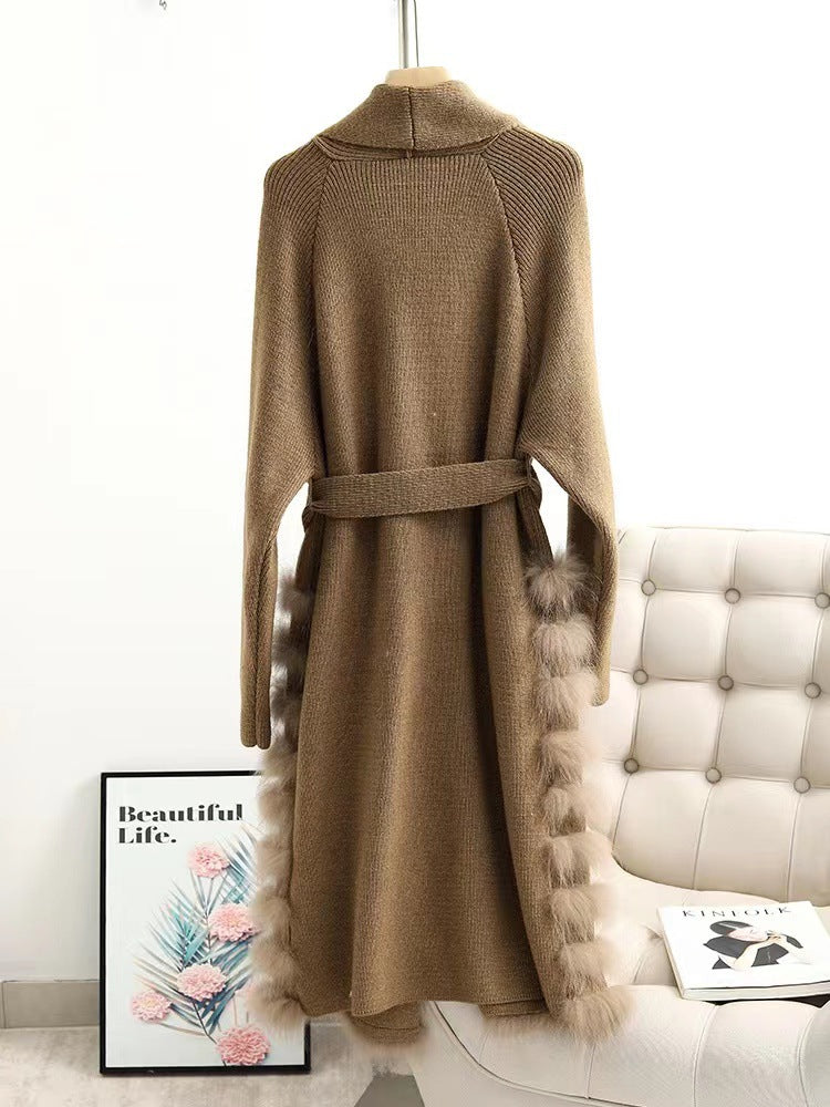 Real Fox Fur Casual Loose Sweater Lace-up Women