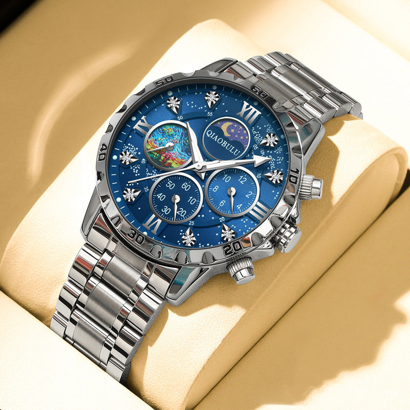 Waterproof three eyes six needle luminous dial Van Gogh portrait multi-faceted fashion popular men's quartz watch