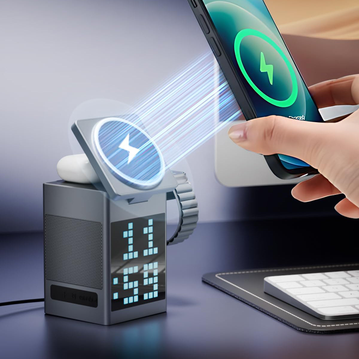 Multi-functional 6-in-1 magnetic Bluetooth audio wireless charger Magnetic desktop folding mobile phone stand headset Watch