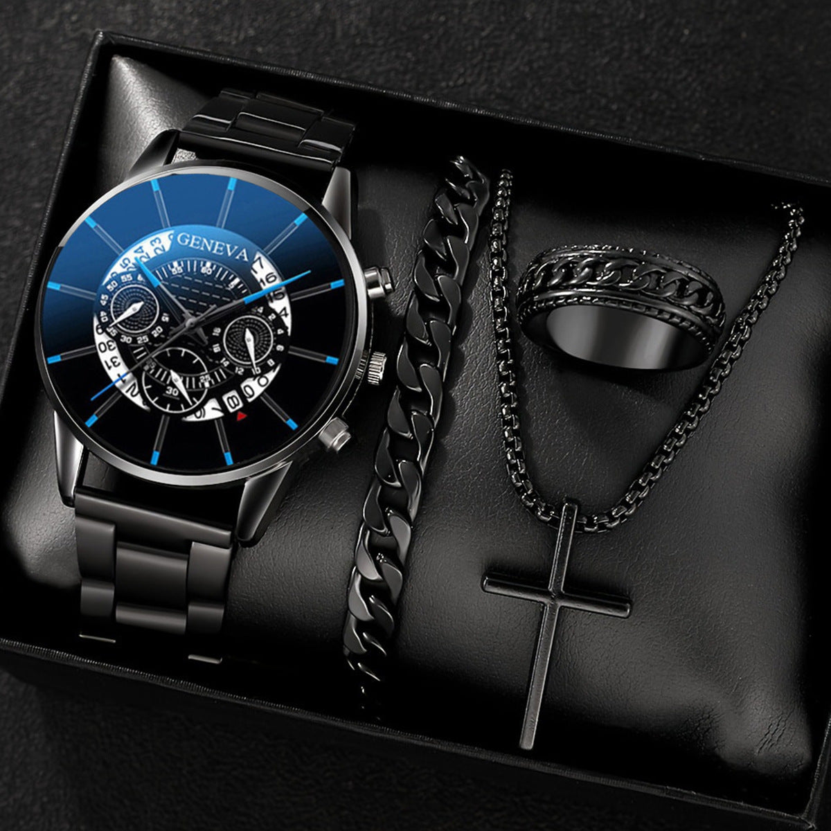 Fashion casual men's temperament business watch cross steel necklace bracelet set