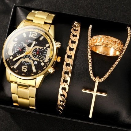 Fashion casual men's temperament business watch cross steel necklace bracelet set