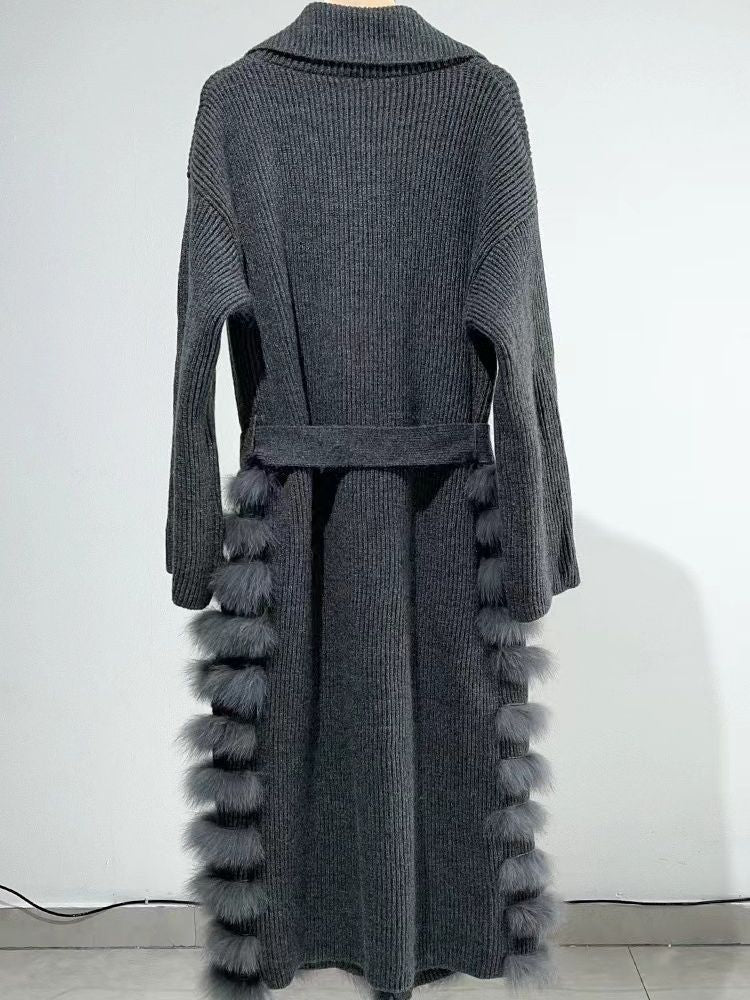 Real Fox Fur Casual Loose Sweater Lace-up Women