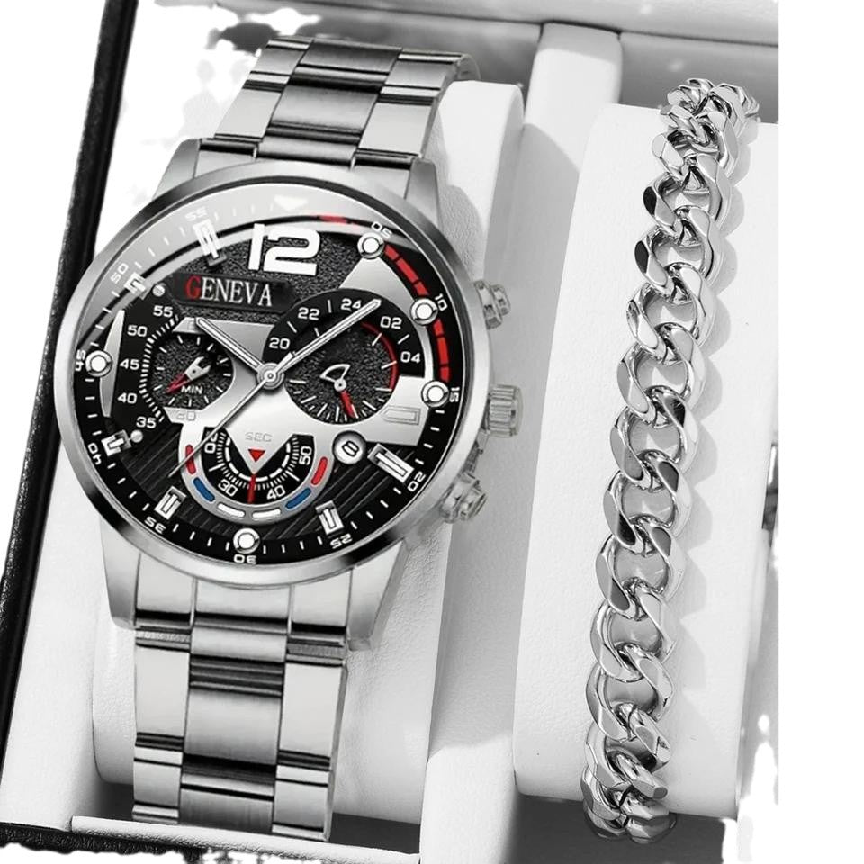 Fashion casual men's temperament business watch cross steel necklace bracelet set