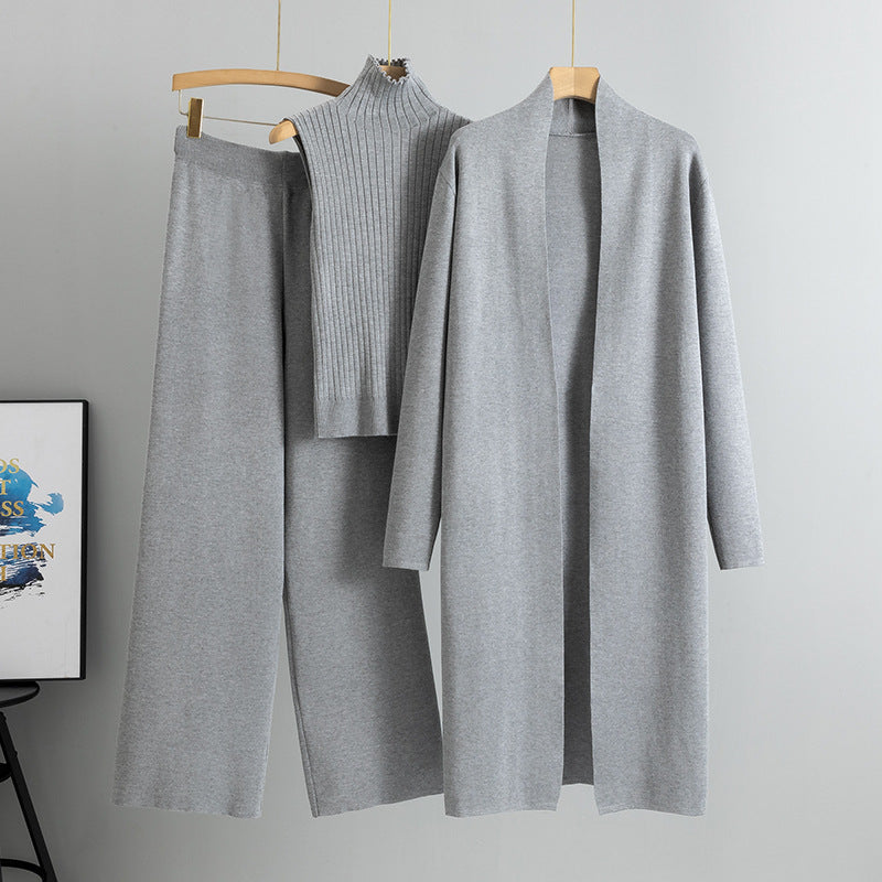 Spring and Autumn loose knitted suit women's long shawl cardigan+high neck vest+wide leg pants three piece set