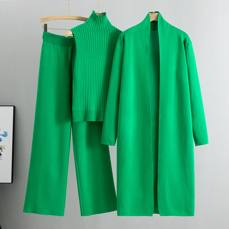 Spring and Autumn loose knitted suit women's long shawl cardigan+high neck vest+wide leg pants three piece set