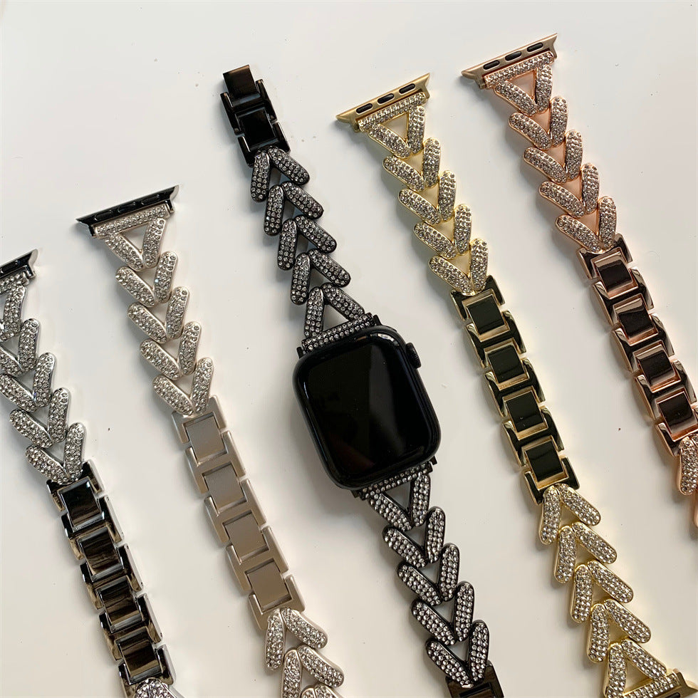 Suitable for Apple S8 Applewatch watch watch, fine wheat ear heart-shaped diamond inlaid iwatch se full diamond metal strap