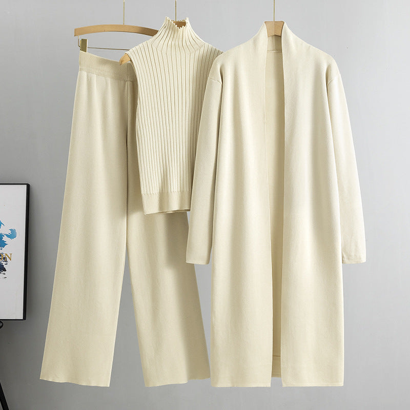 Spring and Autumn loose knitted suit women's long shawl cardigan+high neck vest+wide leg pants three piece set