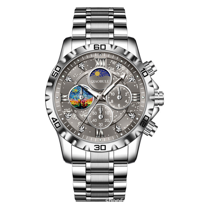 Waterproof three eyes six needle luminous dial Van Gogh portrait multi-faceted fashion popular men's quartz watch