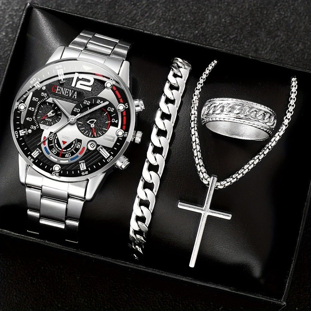 Fashion casual men's temperament business watch cross steel necklace bracelet set