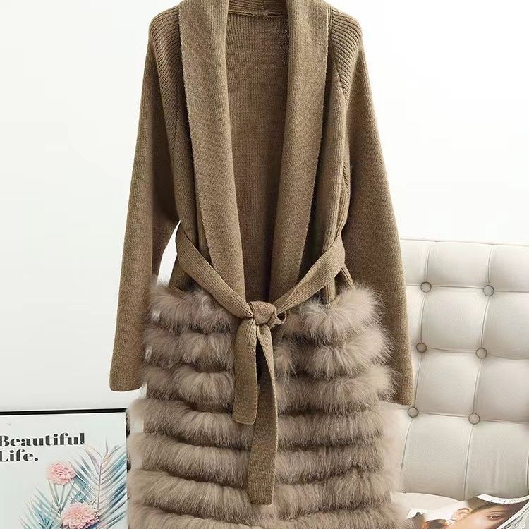 Real Fox Fur Casual Loose Sweater Lace-up Women