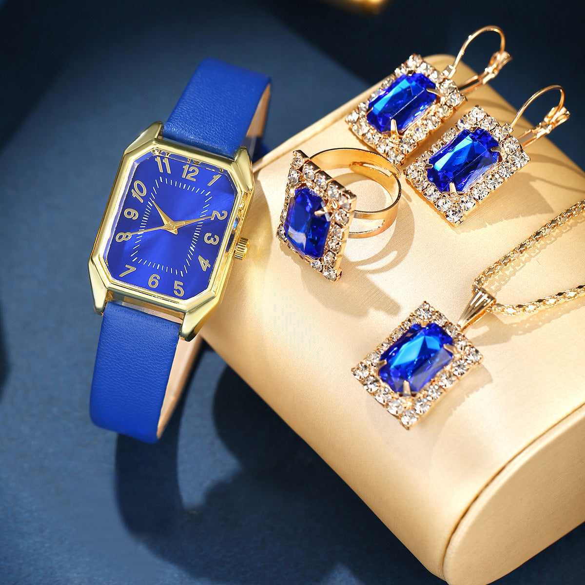 Leather women's Watch Square quartz watch Korean necklace earrings Ring set