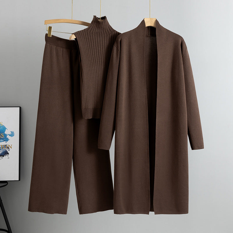 Spring and Autumn loose knitted suit women's long shawl cardigan+high neck vest+wide leg pants three piece set