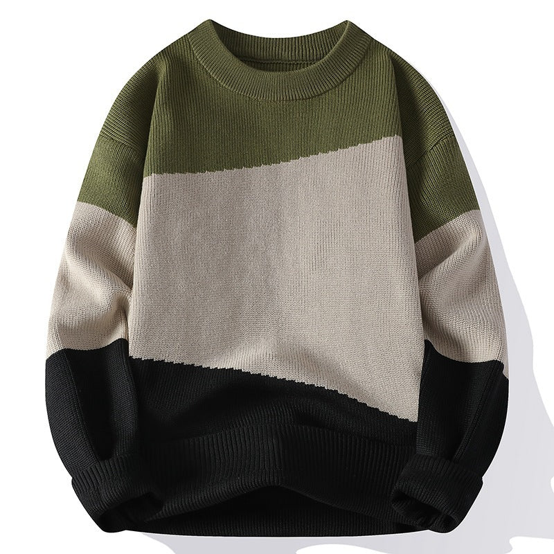 Retro Screw Thread Autumn Winter Contrast Color Long Sleeve Men's Clothing Round Neck Pullover Sweater Knitted Boyfriend Tops
