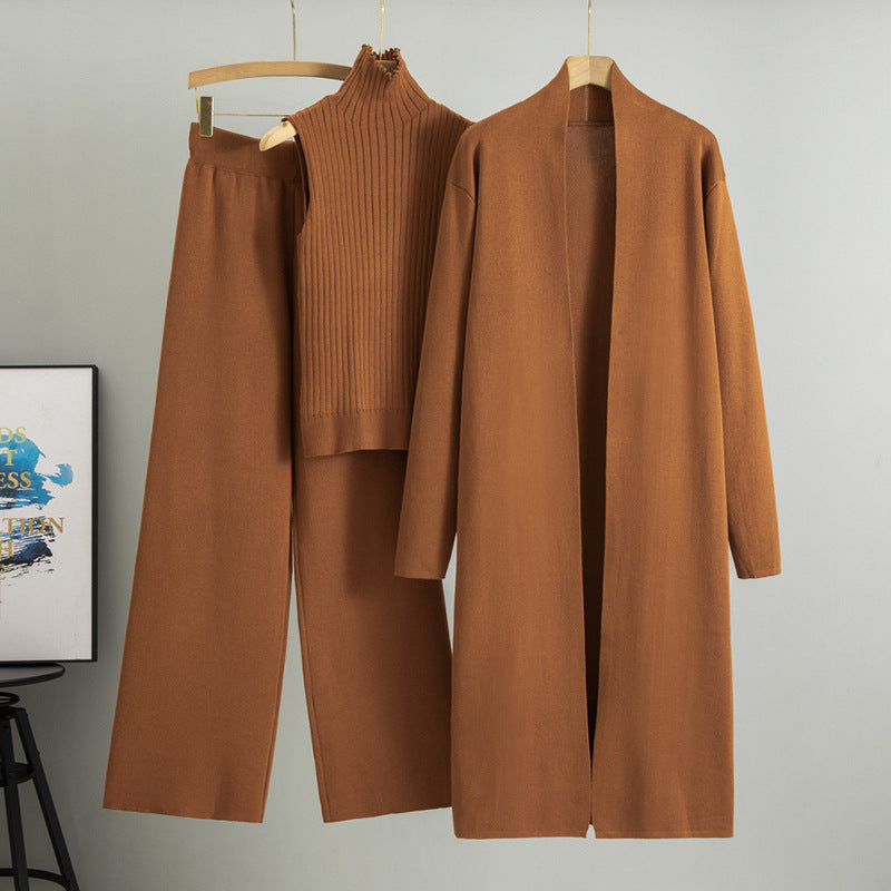 Spring and Autumn loose knitted suit women's long shawl cardigan+high neck vest+wide leg pants three piece set