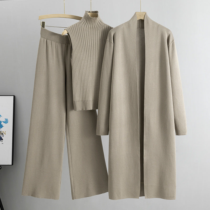 Spring and Autumn loose knitted suit women's long shawl cardigan+high neck vest+wide leg pants three piece set