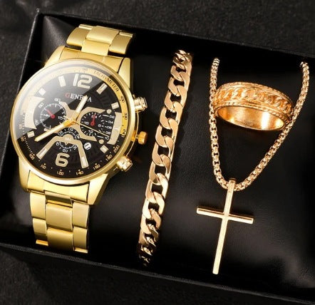 Fashion casual men's temperament business watch cross steel necklace bracelet set