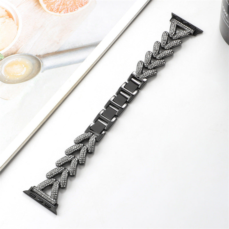Suitable for Apple S8 Applewatch watch watch, fine wheat ear heart-shaped diamond inlaid iwatch se full diamond metal strap