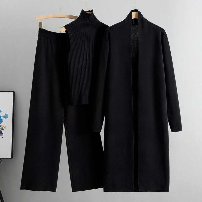 Spring and Autumn loose knitted suit women's long shawl cardigan+high neck vest+wide leg pants three piece set
