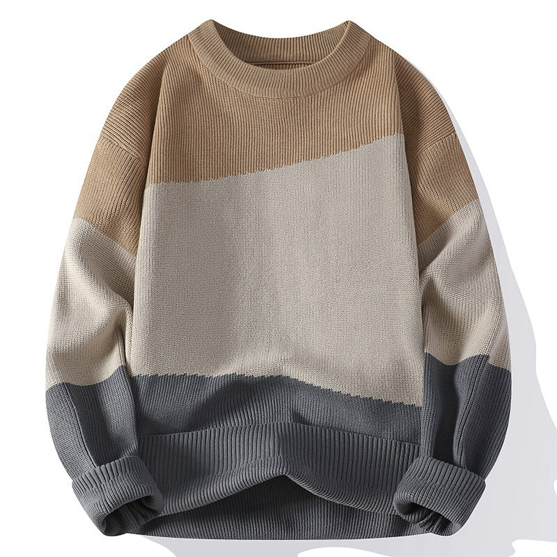 Retro Screw Thread Autumn Winter Contrast Color Long Sleeve Men's Clothing Round Neck Pullover Sweater Knitted Boyfriend Tops