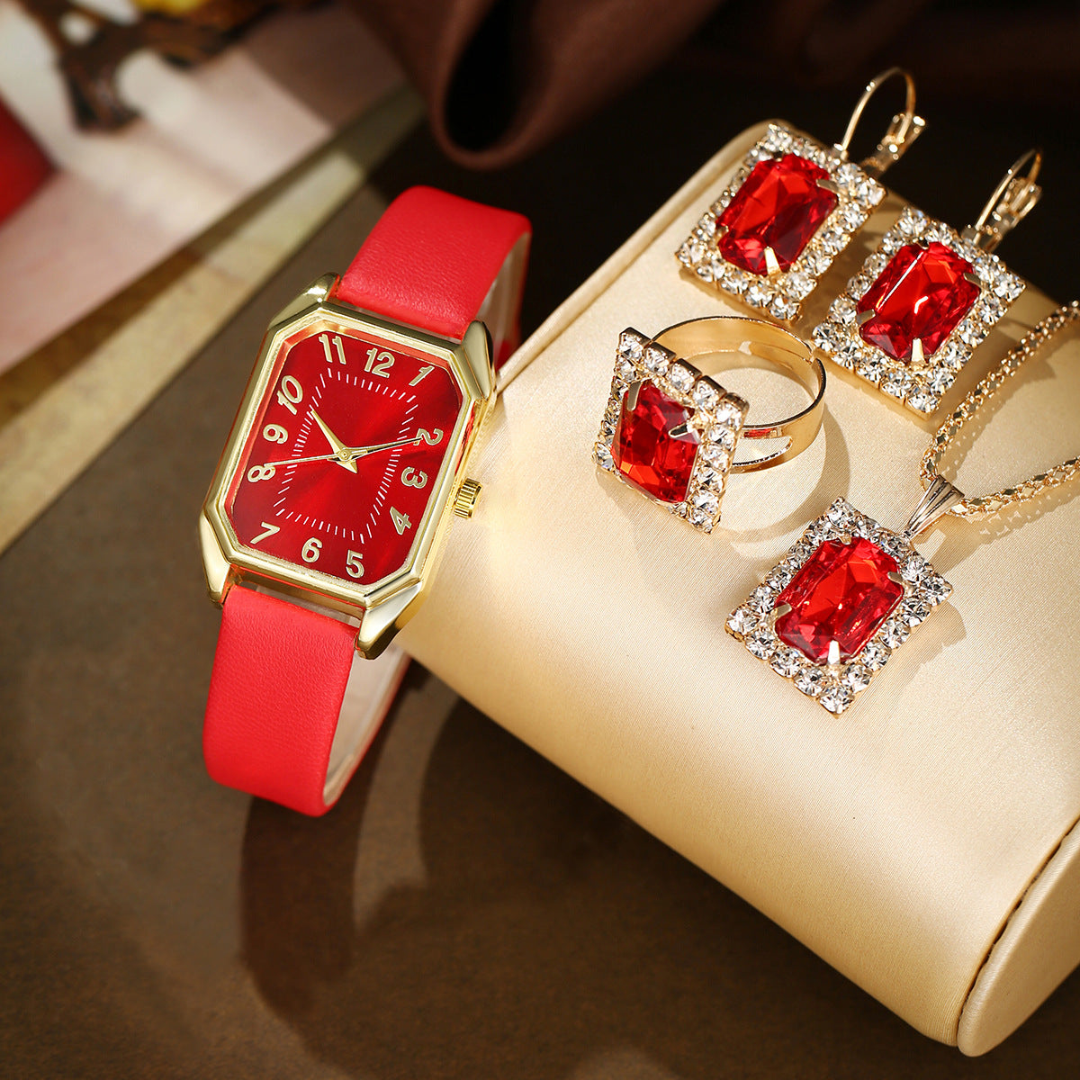 Leather women's Watch Square quartz watch Korean necklace earrings Ring set