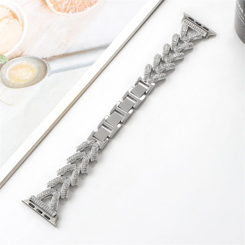 Suitable for Apple S8 Applewatch watch watch, fine wheat ear heart-shaped diamond inlaid iwatch se full diamond metal strap