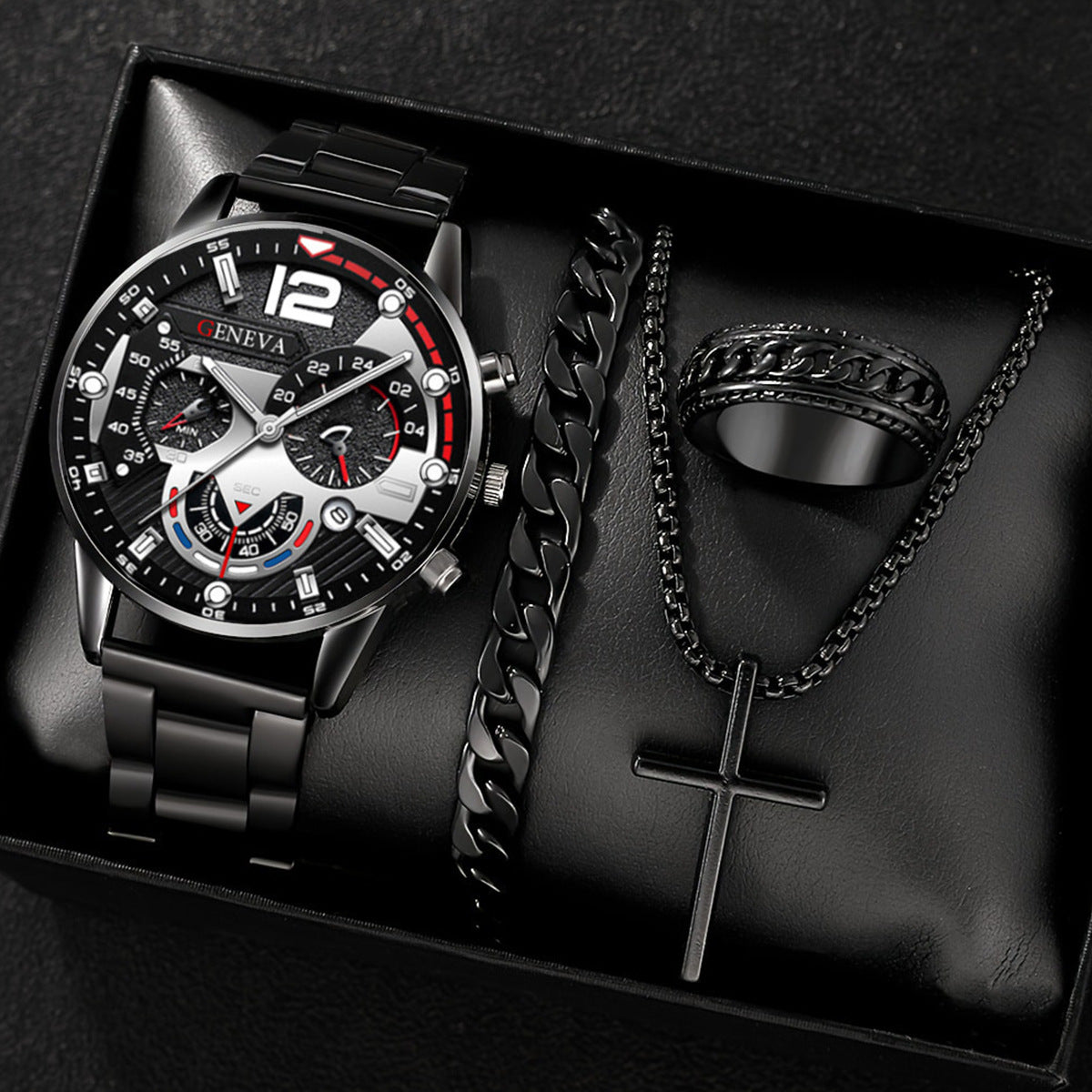 Fashion casual men's temperament business watch cross steel necklace bracelet set