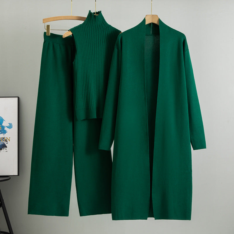 Spring and Autumn loose knitted suit women's long shawl cardigan+high neck vest+wide leg pants three piece set