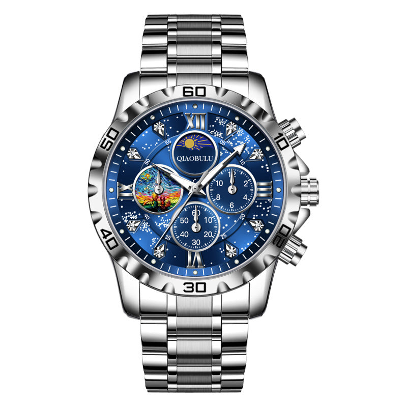 Waterproof three eyes six needle luminous dial Van Gogh portrait multi-faceted fashion popular men's quartz watch