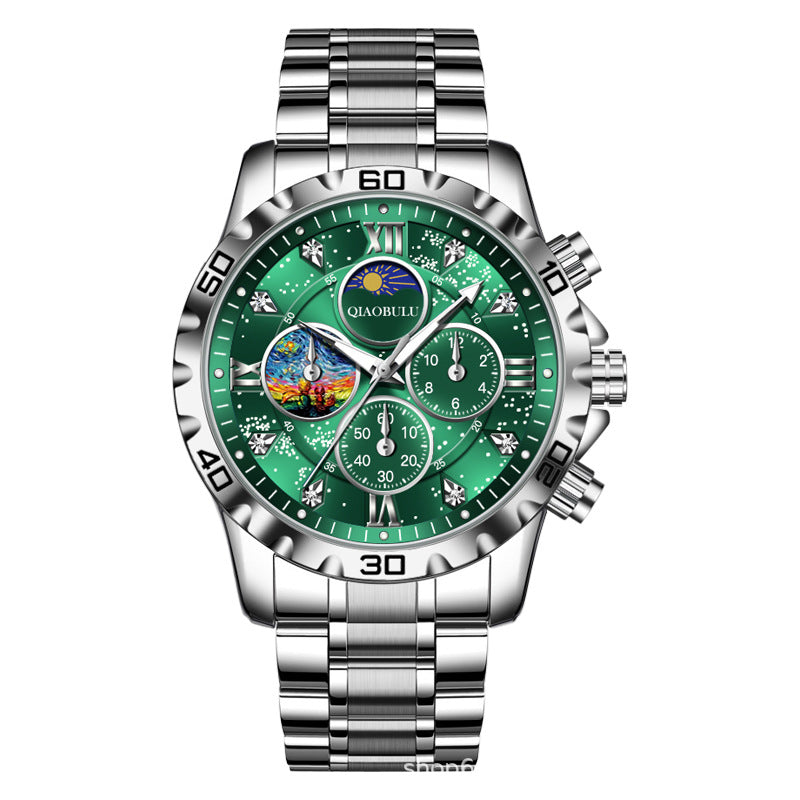 Waterproof three eyes six needle luminous dial Van Gogh portrait multi-faceted fashion popular men's quartz watch