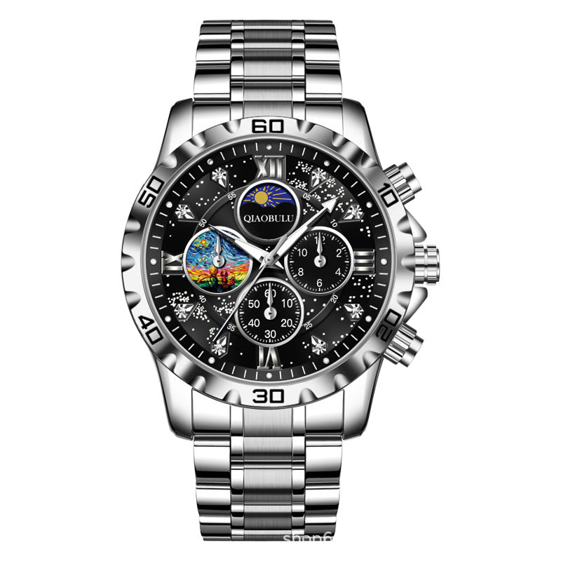 Waterproof three eyes six needle luminous dial Van Gogh portrait multi-faceted fashion popular men's quartz watch