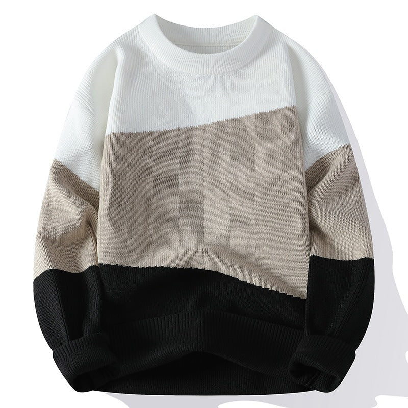 Retro Screw Thread Autumn Winter Contrast Color Long Sleeve Men's Clothing Round Neck Pullover Sweater Knitted Boyfriend Tops