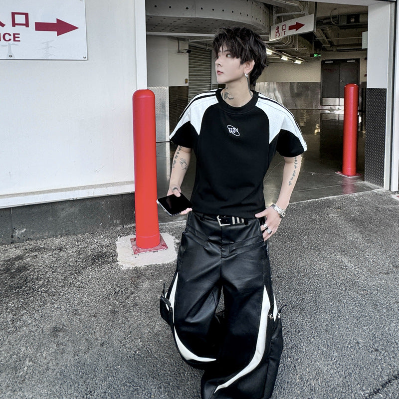 Minority style unisex black and white spliced contrasting T-shirt with shoulder sleeves, trendy T-shirt H2162 055
