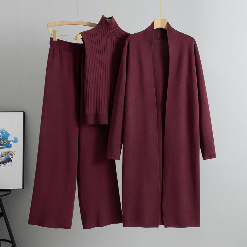Spring and Autumn loose knitted suit women's long shawl cardigan+high neck vest+wide leg pants three piece set