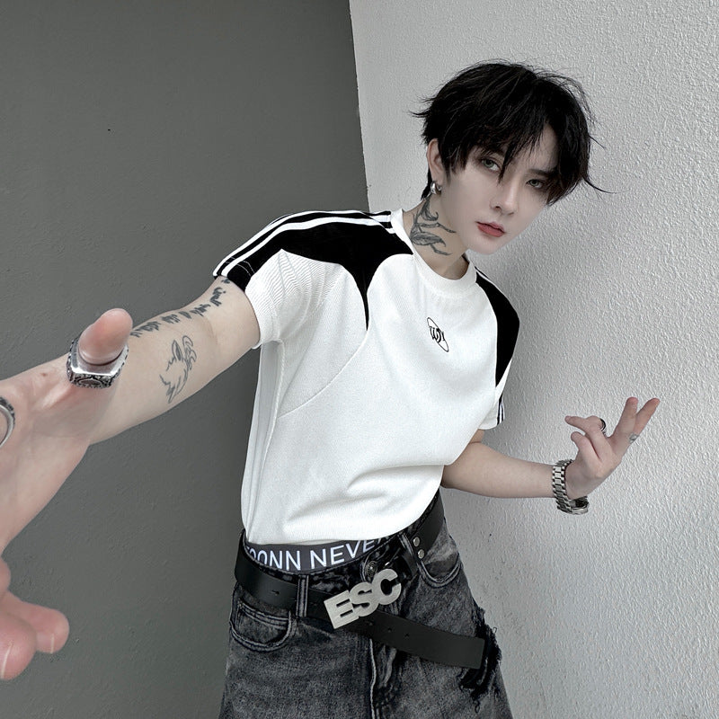 Minority style unisex black and white spliced contrasting T-shirt with shoulder sleeves, trendy T-shirt H2162 055