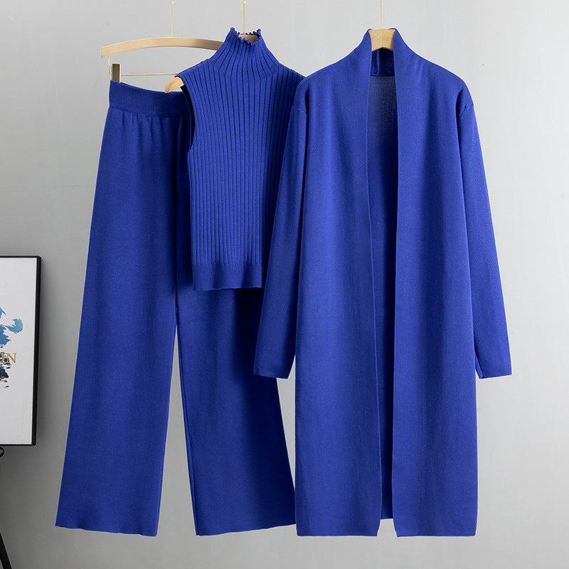 Spring and Autumn loose knitted suit women's long shawl cardigan+high neck vest+wide leg pants three piece set