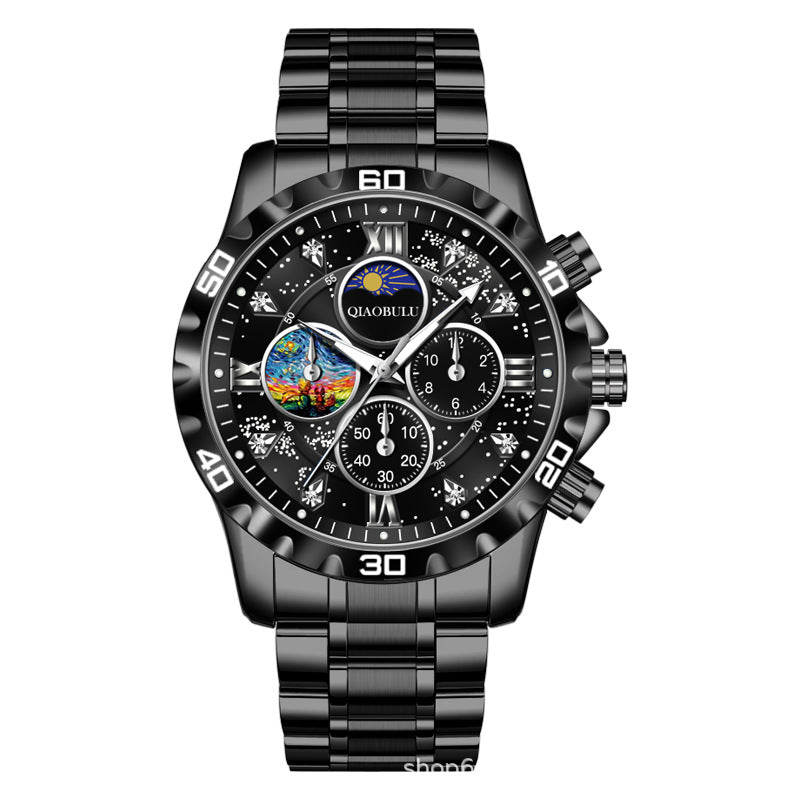 Waterproof three eyes six needle luminous dial Van Gogh portrait multi-faceted fashion popular men's quartz watch