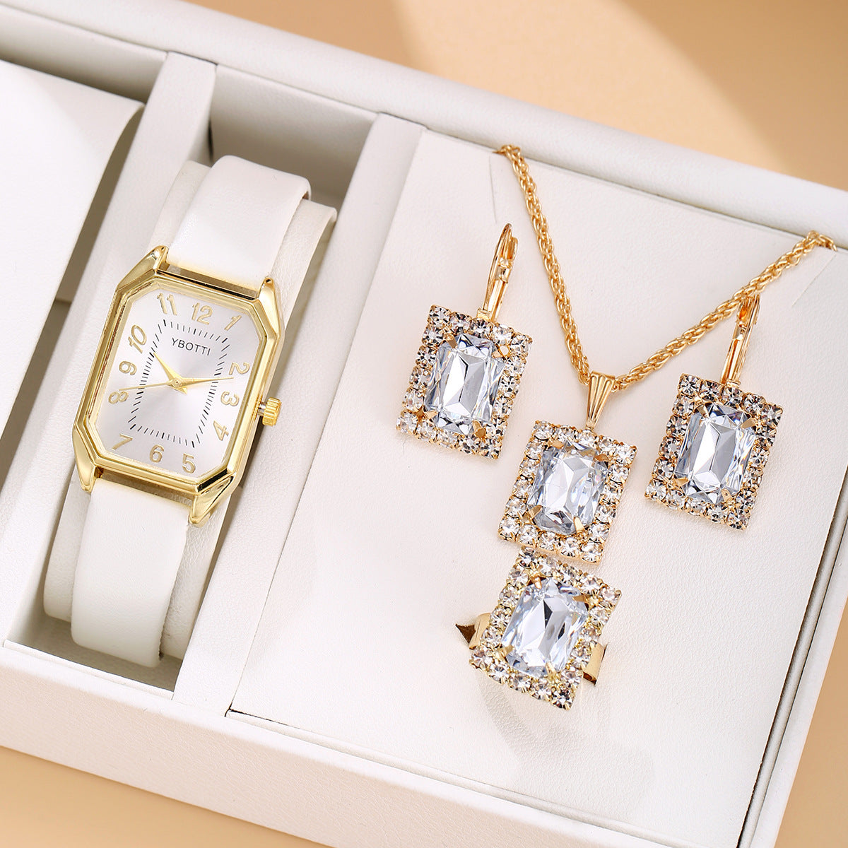 Leather women's Watch Square quartz watch Korean necklace earrings Ring set