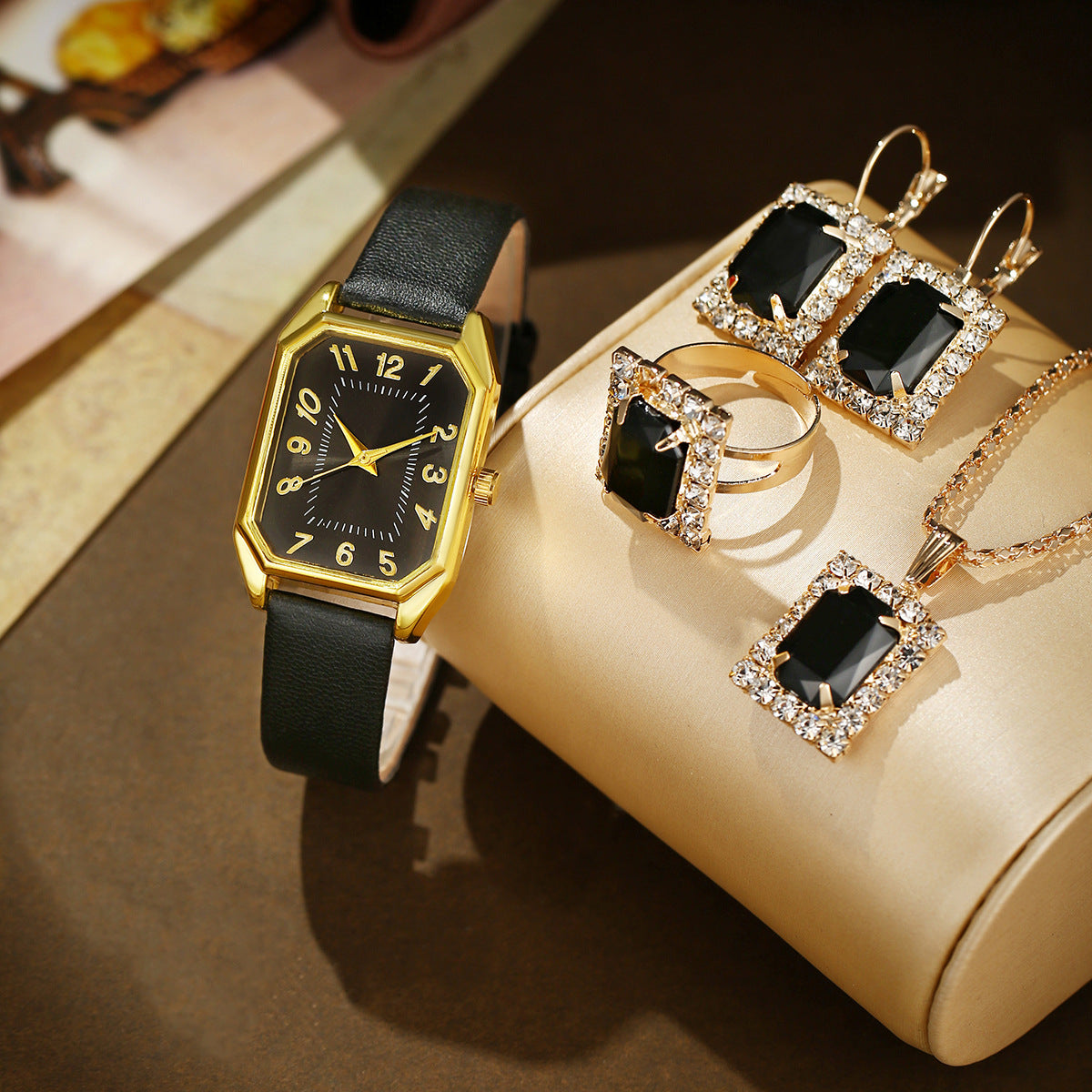 Leather women's Watch Square quartz watch Korean necklace earrings Ring set
