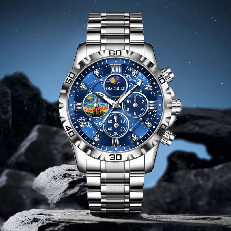 Waterproof three eyes six needle luminous dial Van Gogh portrait multi-faceted fashion popular men's quartz watch